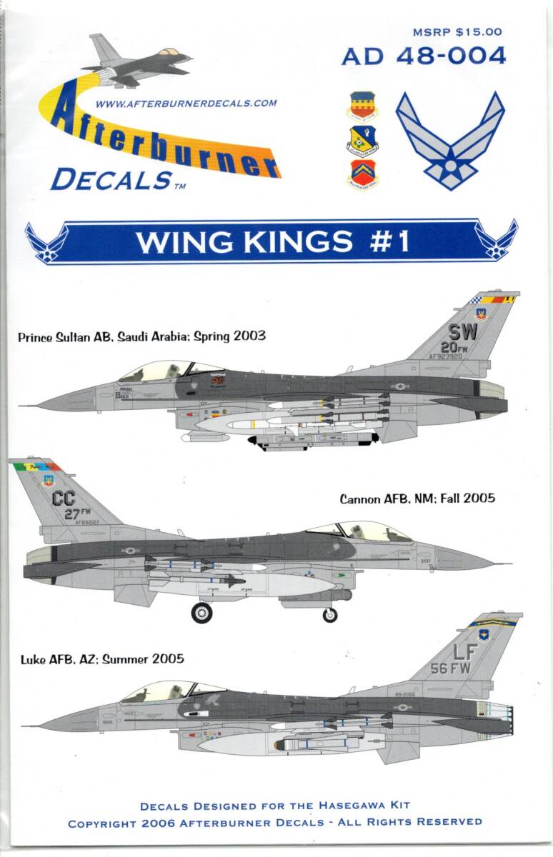 1/48アフターバーナーデカール Afterburner Decals AD48-004 F-16C Falcon Block 40/42/50 "Wing Kings #1" _画像1