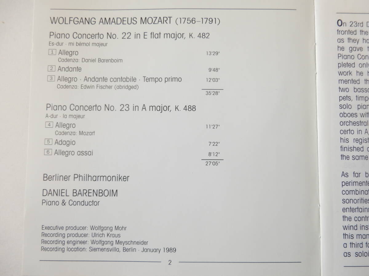 CD/モーツァルト:ピアノ協奏曲 22.23- ダニエル.バレンボイム- ベルリン.フィルハーモニー/Mozart Piano Concerto 22,23- Daniel Barenboim_画像4