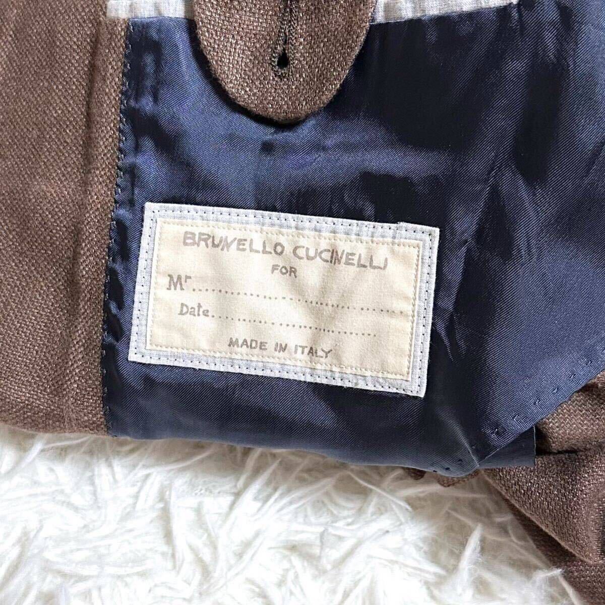 希少Lサイズ★ BRUNELLO CUCINELLI ブルネロクチネリ ダブルスーツ リネン シルク ウィンドウペン セットアップ 格子柄 チェック ブラウン_画像4