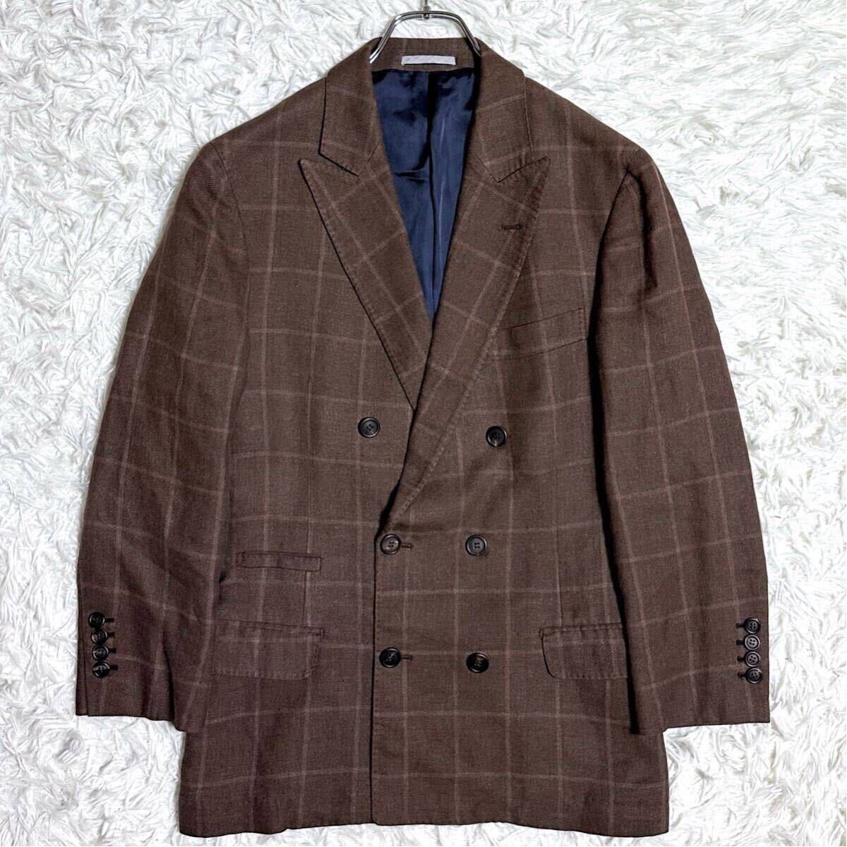 希少Lサイズ★ BRUNELLO CUCINELLI ブルネロクチネリ ダブルスーツ リネン シルク ウィンドウペン セットアップ 格子柄 チェック ブラウン_画像2