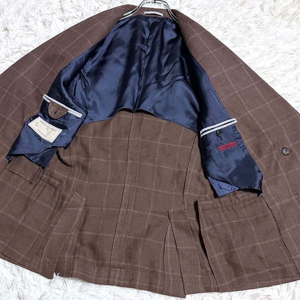 希少Lサイズ★ BRUNELLO CUCINELLI ブルネロクチネリ ダブルスーツ リネン シルク ウィンドウペン セットアップ 格子柄 チェック ブラウン_画像3