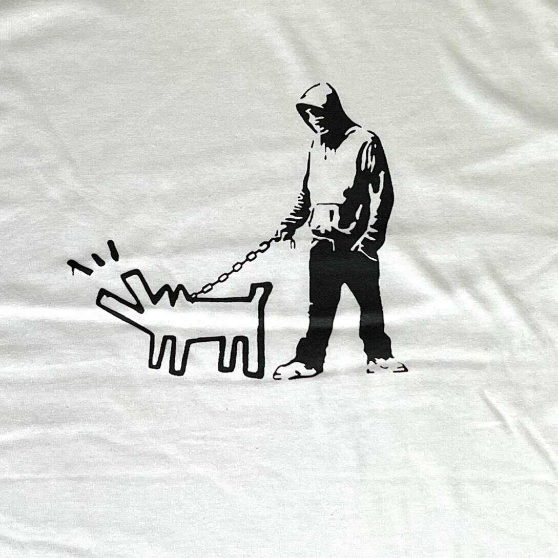 バンクシー・キースヘリング・犬散歩・Tシャツ・白・M_画像2