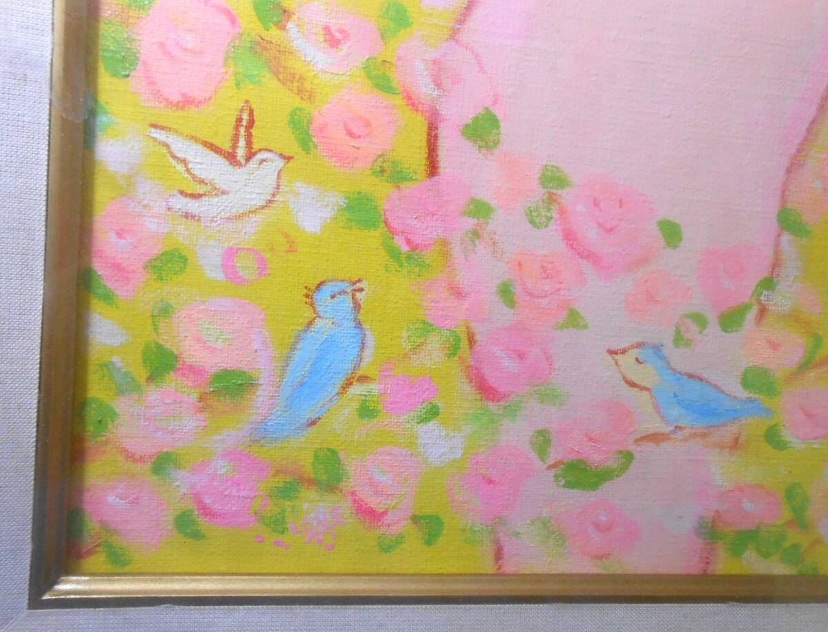  genuine work .. good futoshi oil painting F6 number angel. . frame angel / small bird / flower oil painting amount reverse side board also pastel picture HAPPY ART