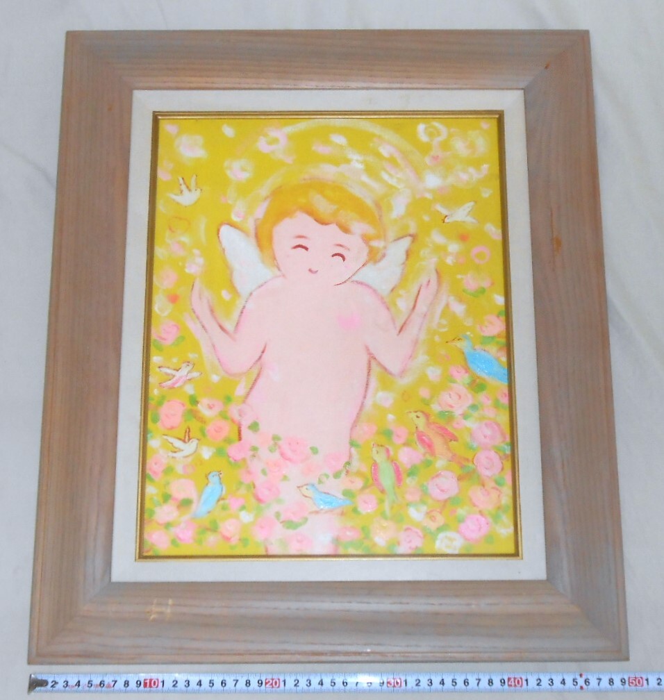  genuine work .. good futoshi oil painting F6 number angel. . frame angel / small bird / flower oil painting amount reverse side board also pastel picture HAPPY ART