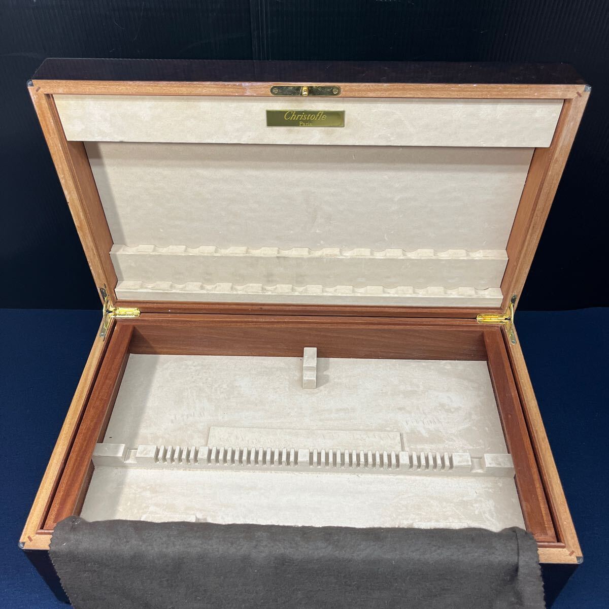 Christofle Paris クリストフル ナイフ フォーク スプーン カトラリー ボックス 2段 オリジナル 収納ケース 木箱 木製 の画像7