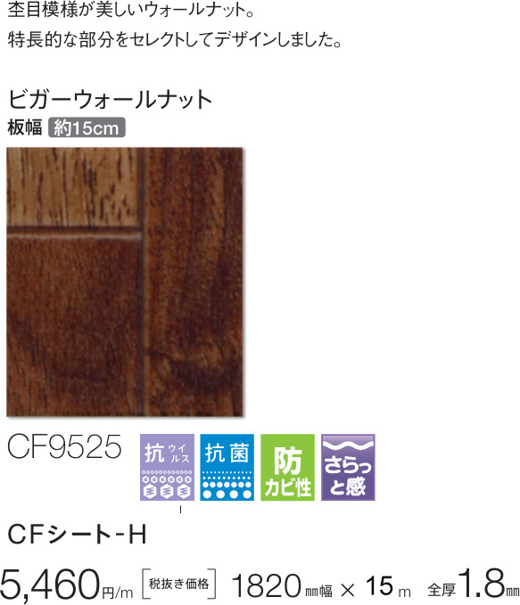 【東リ アウトレット】ビガーウォールナット木目CF9525【10m】板幅約15cmで大人気の広幅 現状復帰工事 リノベ DIY クッションフロア_画像2