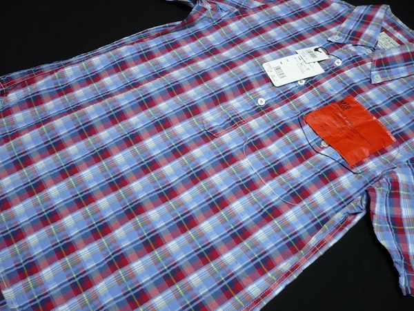新品KATO BASIC半袖プルオーバーボタンダウンシャツS(36)青赤チェック\13200