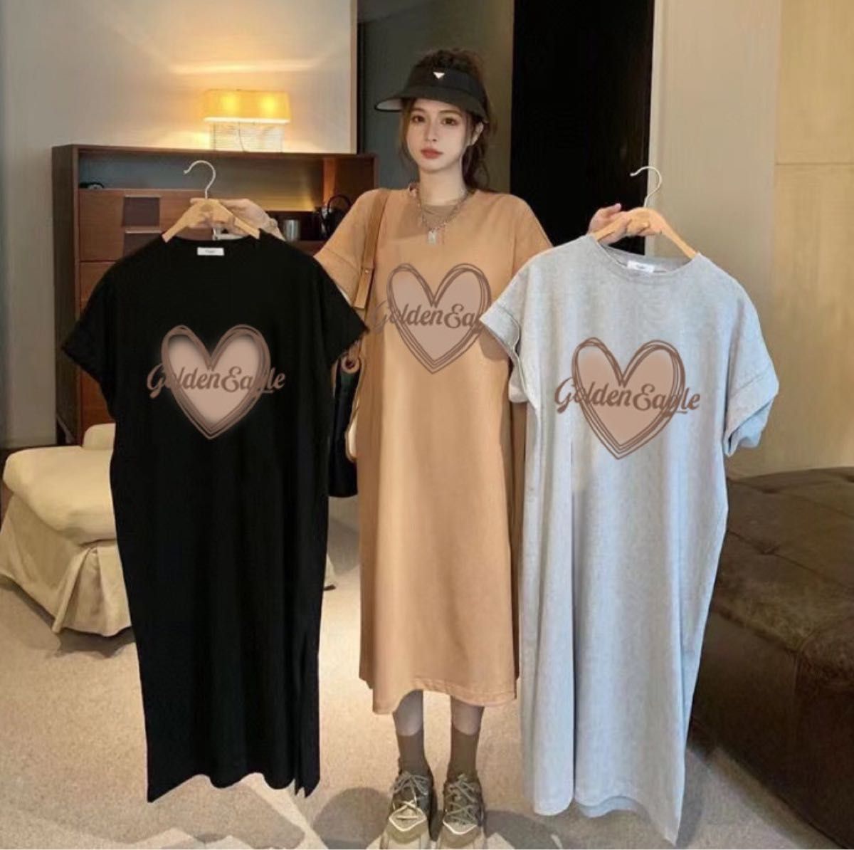 ロングワンピース ハート Tシャツ レディース ロゴ ゆったり 半袖 部屋着