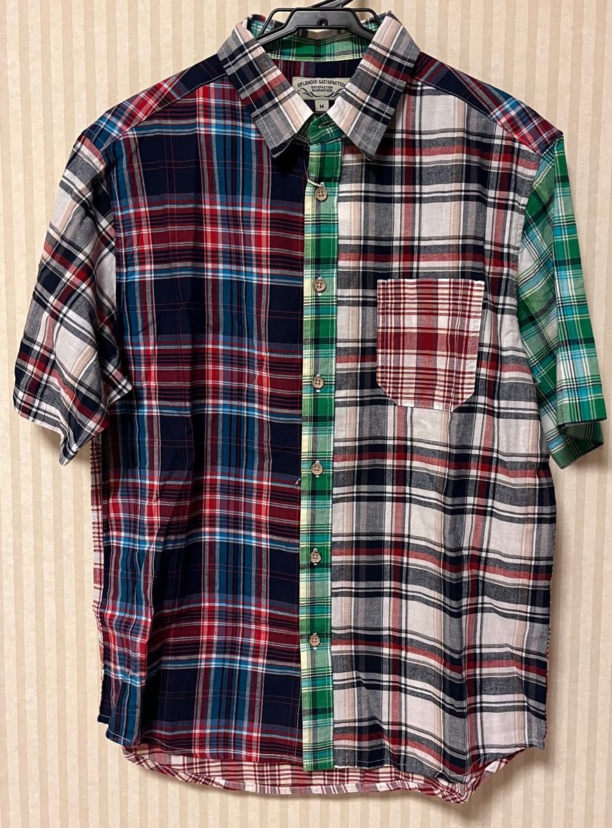 メンズ　チェック柄シャツ　サイズM　チェスト86-96チェック　グリーン　レッド　しまむら　 半袖　カジュアルシャツ