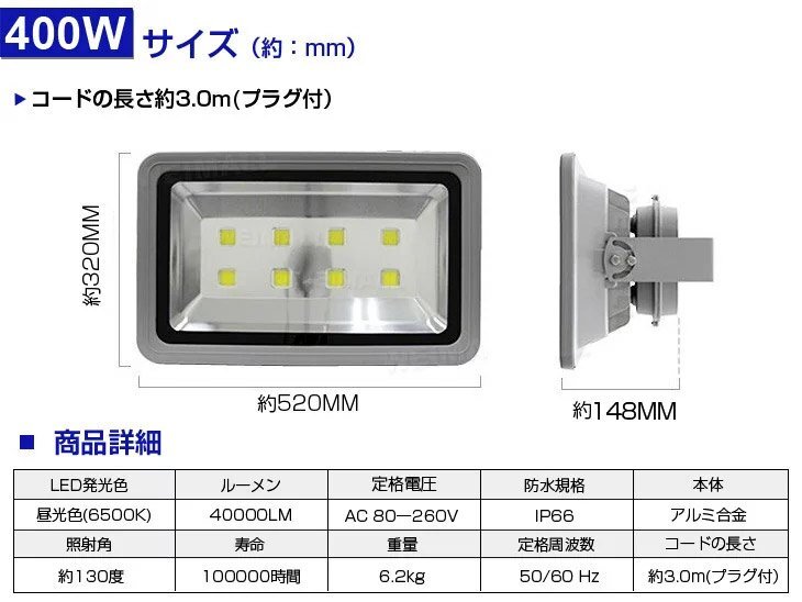 【即納】2個セット LED 投光器 400W 4000W相当 40000LM 昼光色 6500K 広角130度 防水加工 看板 作業灯 屋外灯 3mコード付き 送料無料_画像2