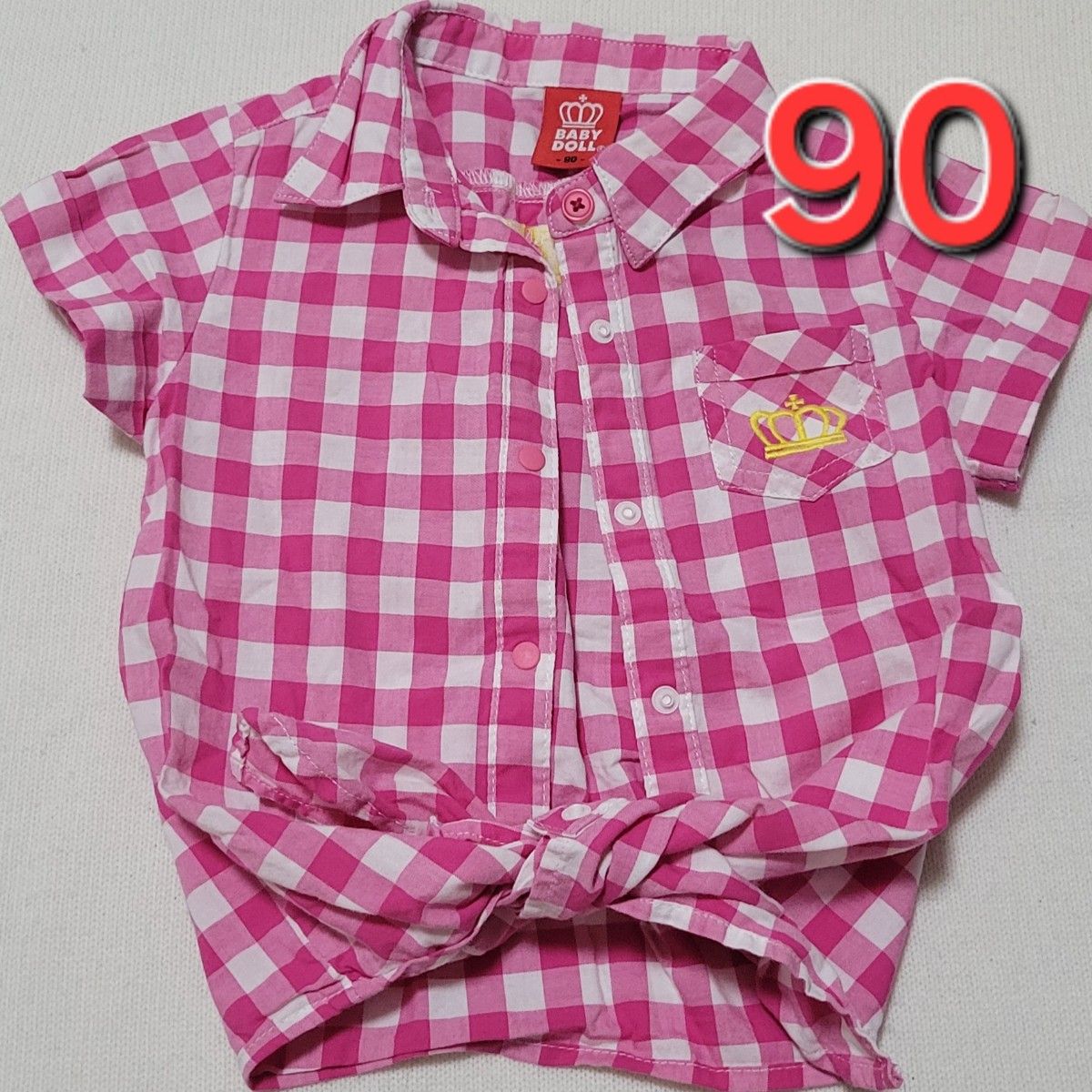 90cm☆ベビードールの半袖チェック柄シャツ　ピンク　女の子