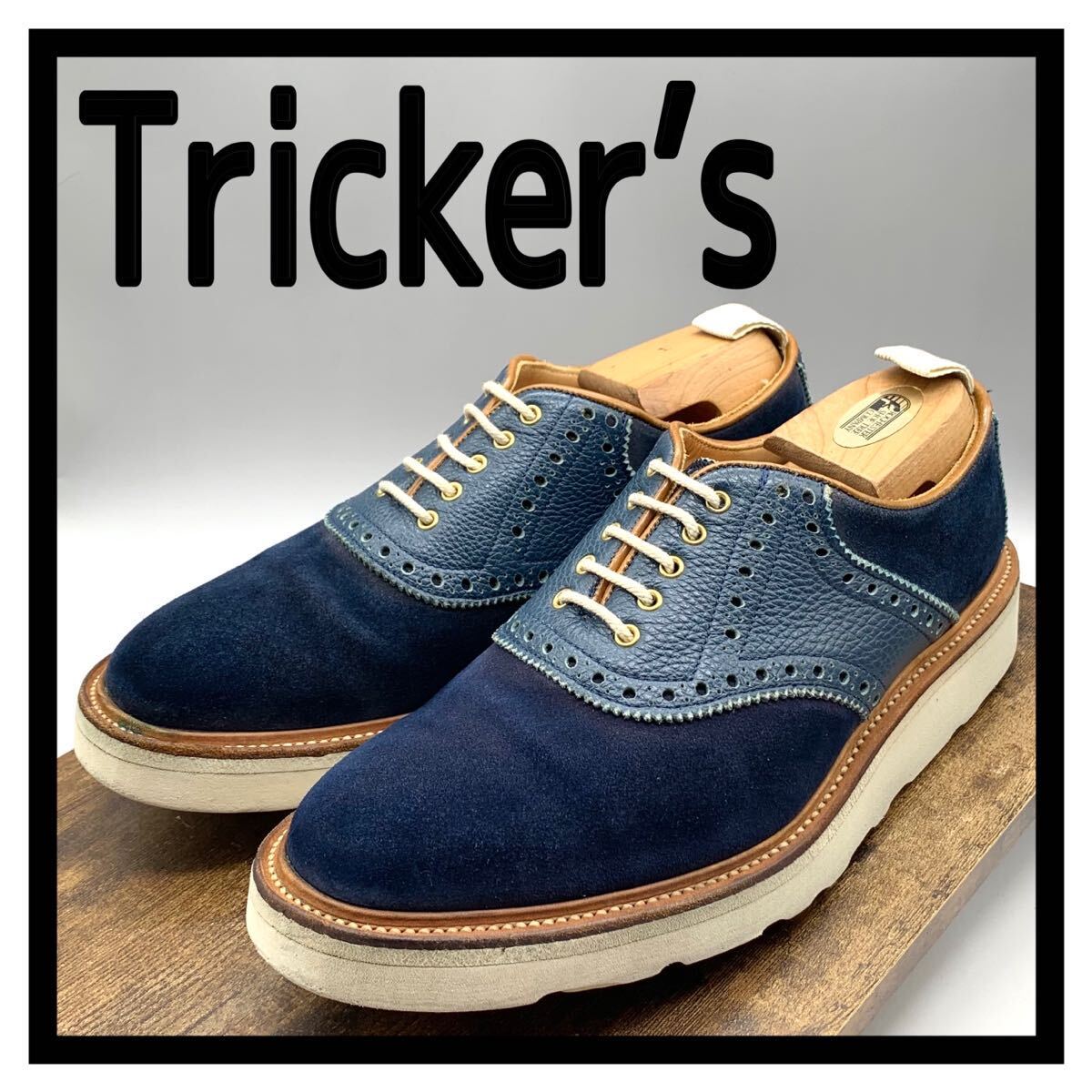 The River [ザ リバー] × Tricker’s [トリッカーズ] サドルシューズ オックスフォード レザー コンビ ネイビー ブルー UK8 26.5cm 革靴 _画像1