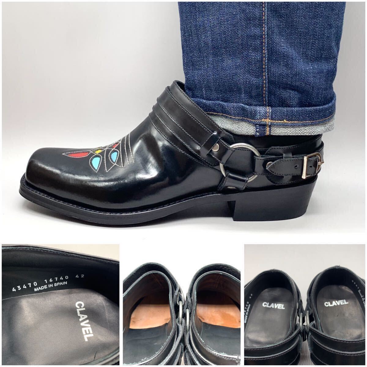 CLAVEL [クラベル] リングベルト ウエスタンシューズ 民族調 スクエアトゥ レザー ブラック 黒 42 27cm 革靴 スペイン製 メンズ 