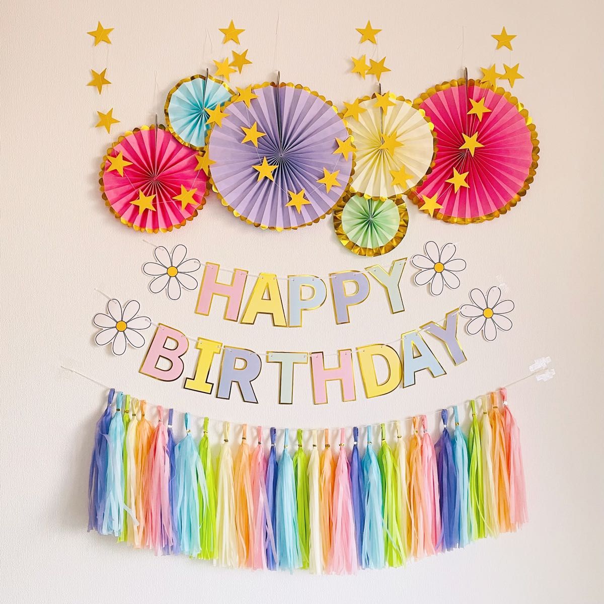 誕生日 飾り付け レインボー ガーランド ペーパーファン 室内装飾 バースデー バナー 記念日 子ども お祝い 飾りセット