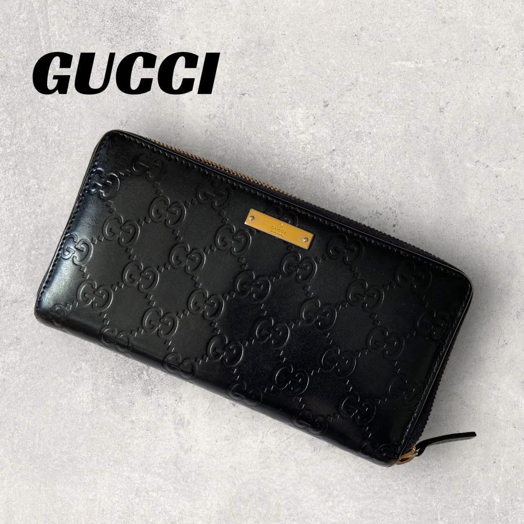 【良品】 GUCCI　グッチ　長財布　ブラック　シマレザー　ラウンドジップ_画像1