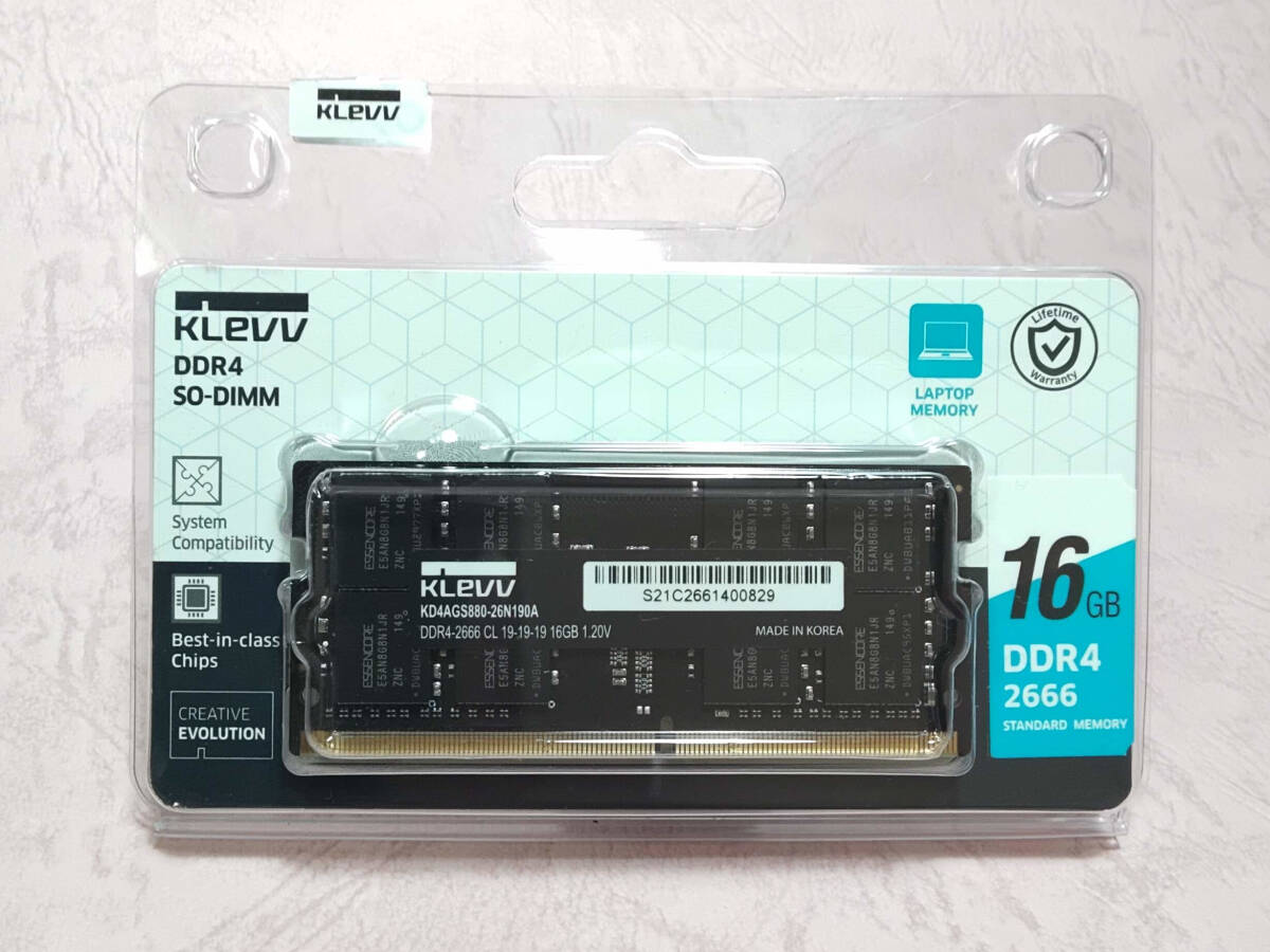 【Memtest4周通過】 KLEVV DDR4-2666 PC4-21300 16GB×1枚 ノートパソコン用メモリー _画像1