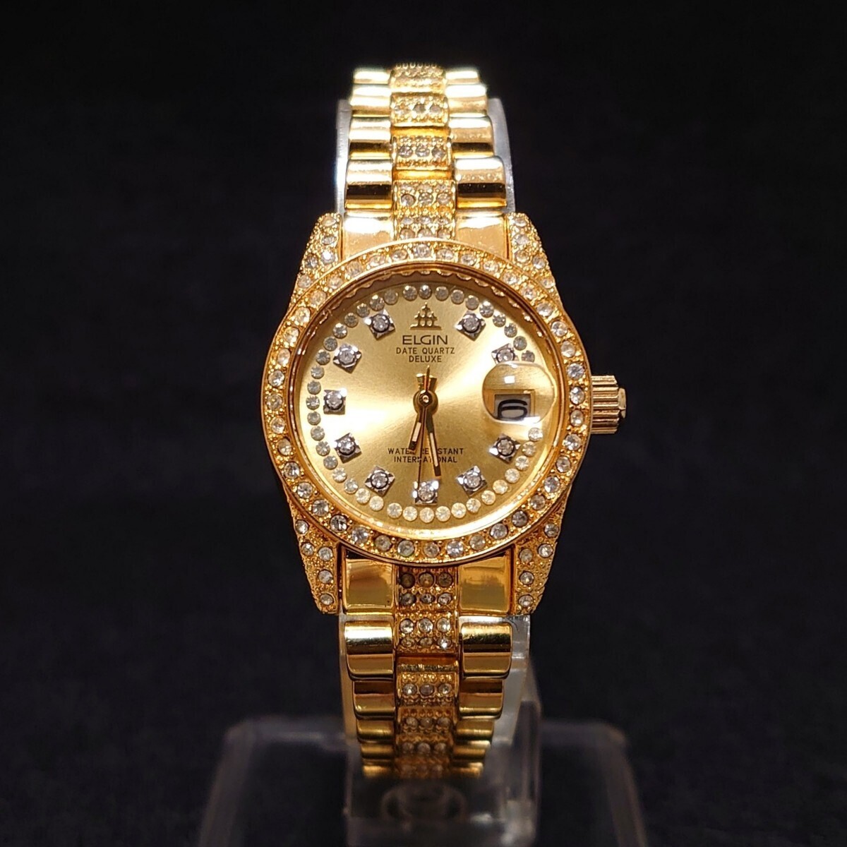 美品 エルジン ELGIN レディース 腕時計 ゴールド GOLD クォーツ 腕時計 10P 石付 ダイヤ シャンパンゴールド文字盤 ブレスレット 新品電池の画像2