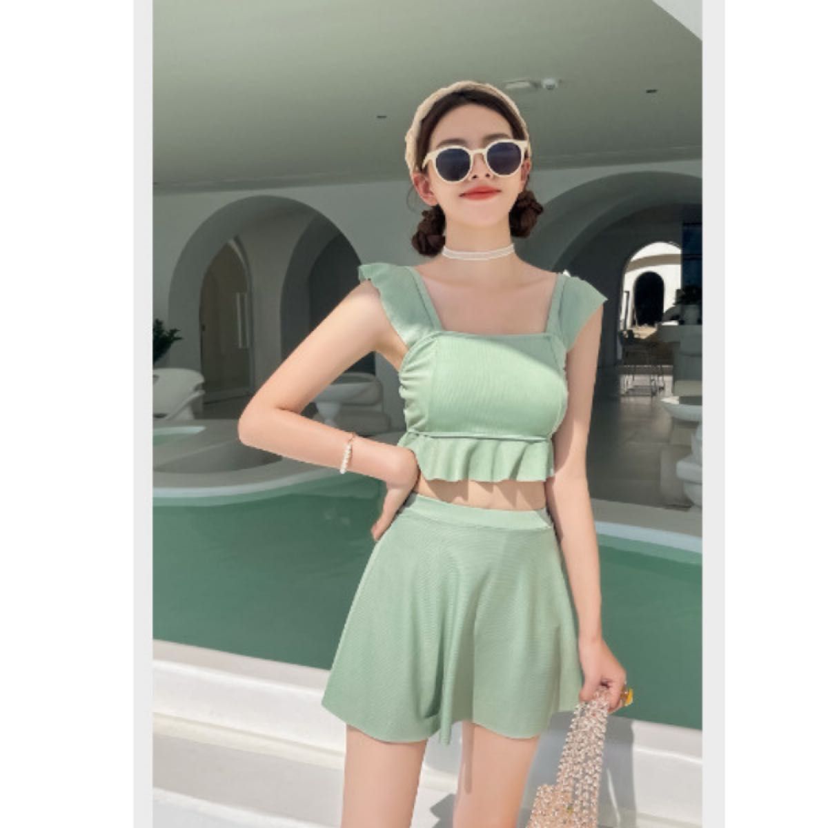 水着 レディース 体型カバー 女の子 M 可愛い ミニスカート スイムウェア ワンピース 緑 グリーン フリル_画像8