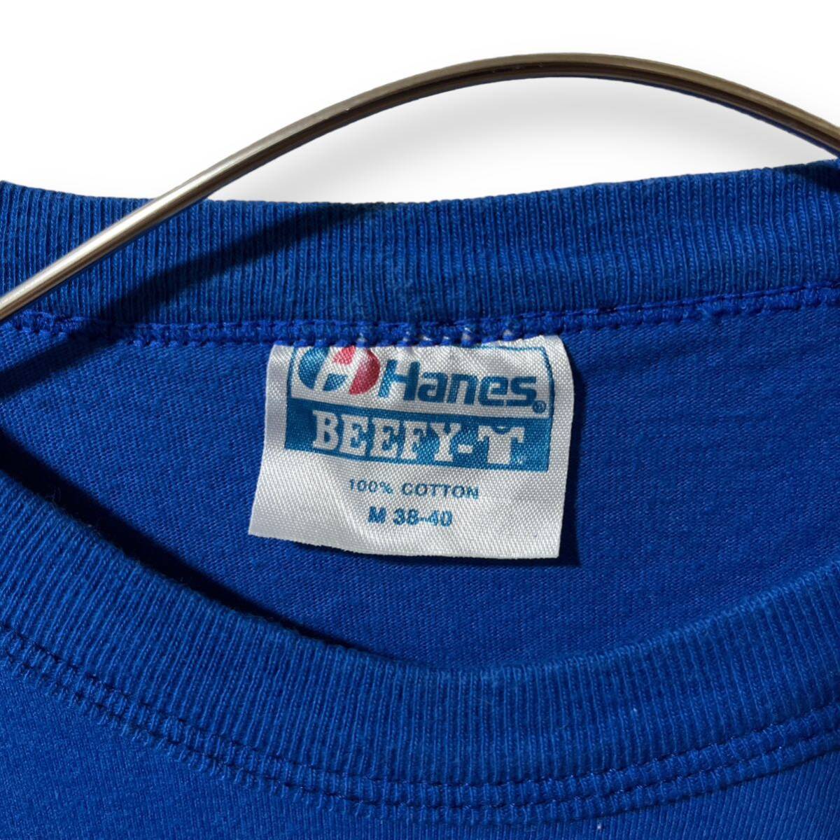 【r1】 Hanes BEEFY-T 龍 プリント ラグラン 半袖 Tシャツ メンズ M ブルー 青 ヘインズ USA 輸入古着