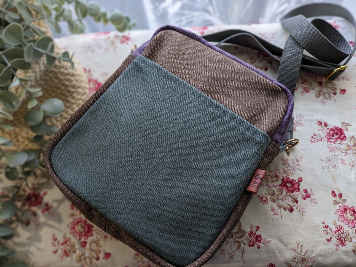  hand made bag * shoulder * square type * mina perhonen * happy camouflage -ju* purple & Brown 11 number canvas 