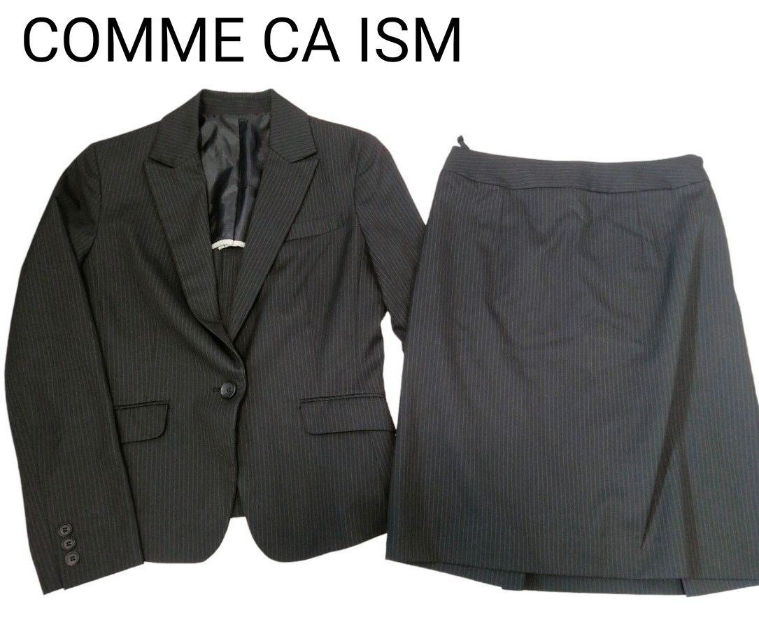 コムサイズム　COMME CA ISM スカートスーツ セットアップ ストライプ 黒 ブラック ジャケット 背抜き スカート М