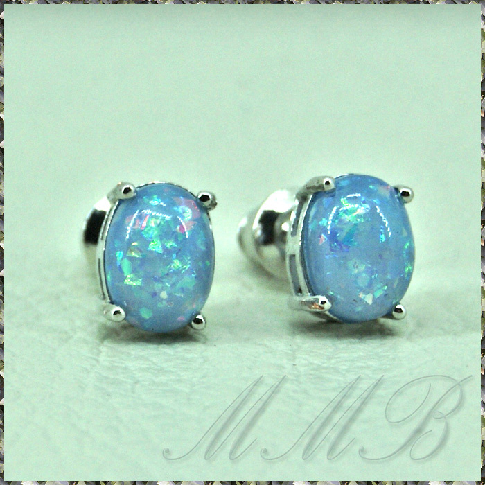 [EARRING] Oval Blue Opal ブルー ファイア プレシャス オパール 7.7mm オーバル ストーン スタッド ピアス 【送料無料】_画像1