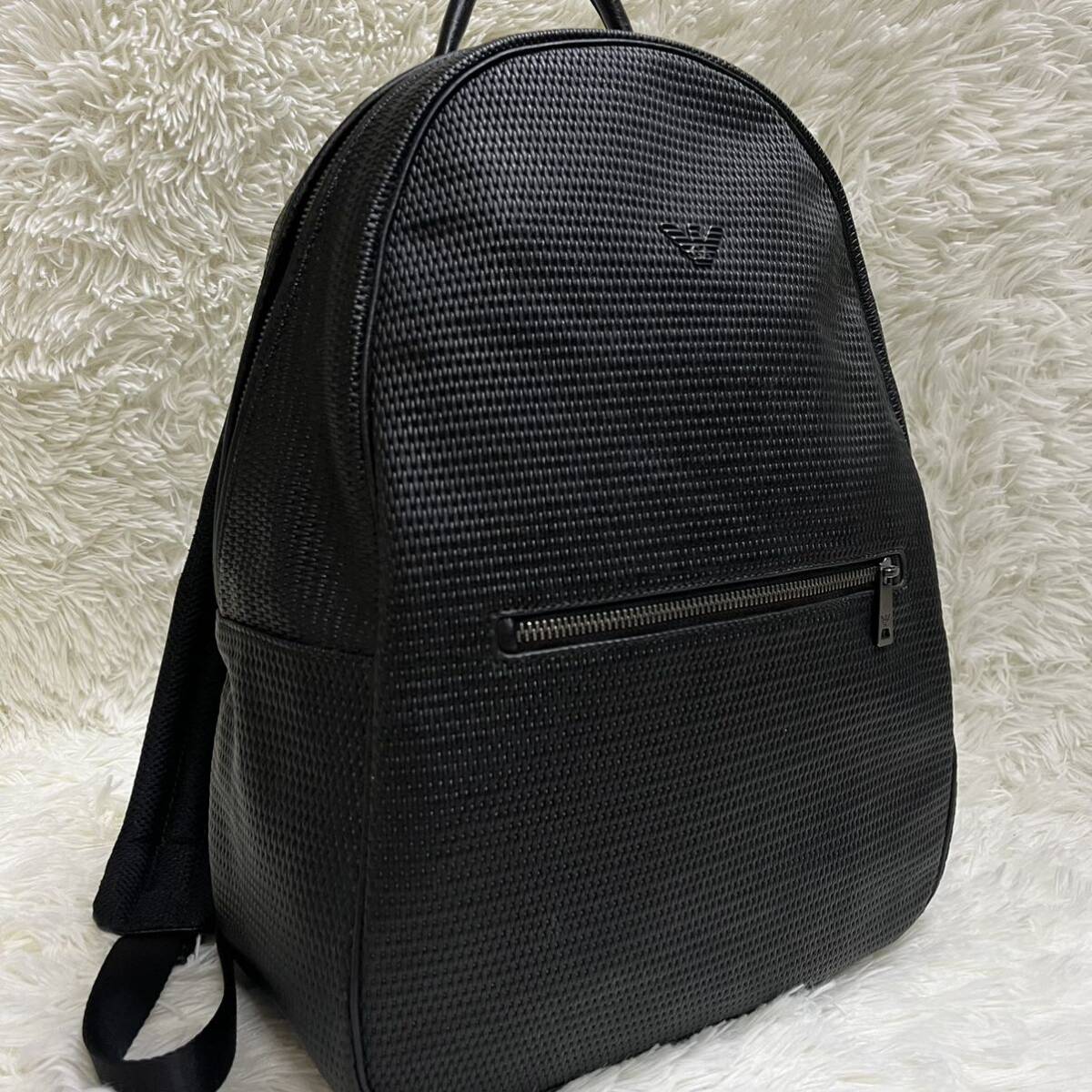  ultimate beautiful goods super rare business Armani /ARMANI JEANSen Boss leather type pushed .A4* high capacity rucksack backpack bag men's black black 