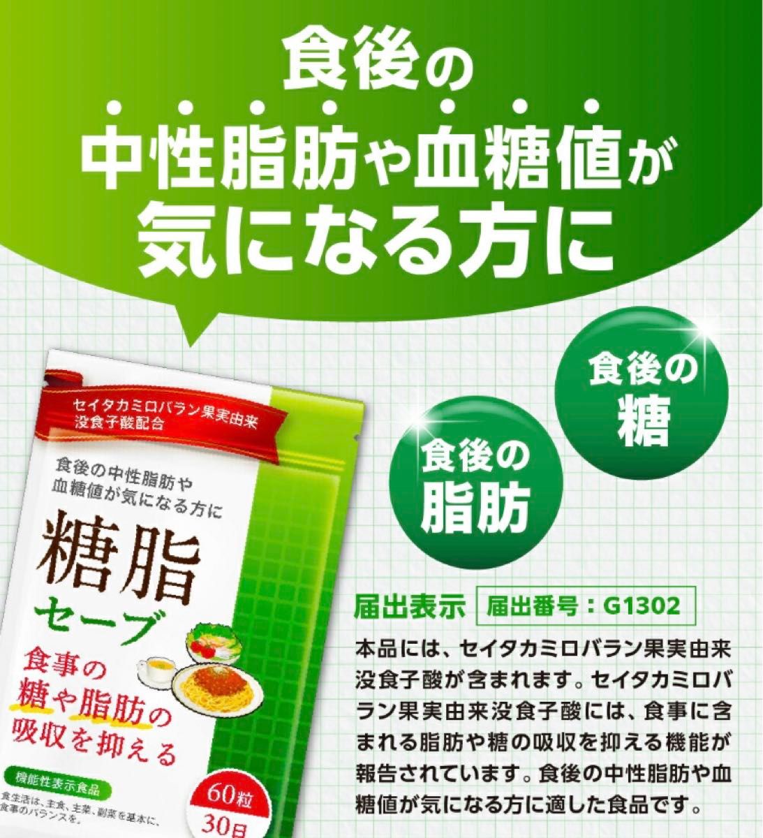 値下げ中！⑦食後の中性脂肪や血糖値が気になる方に 食事の糖や脂肪の吸収を抑える 糖脂セーブ 30日分(60粒)3袋【新品未開封】