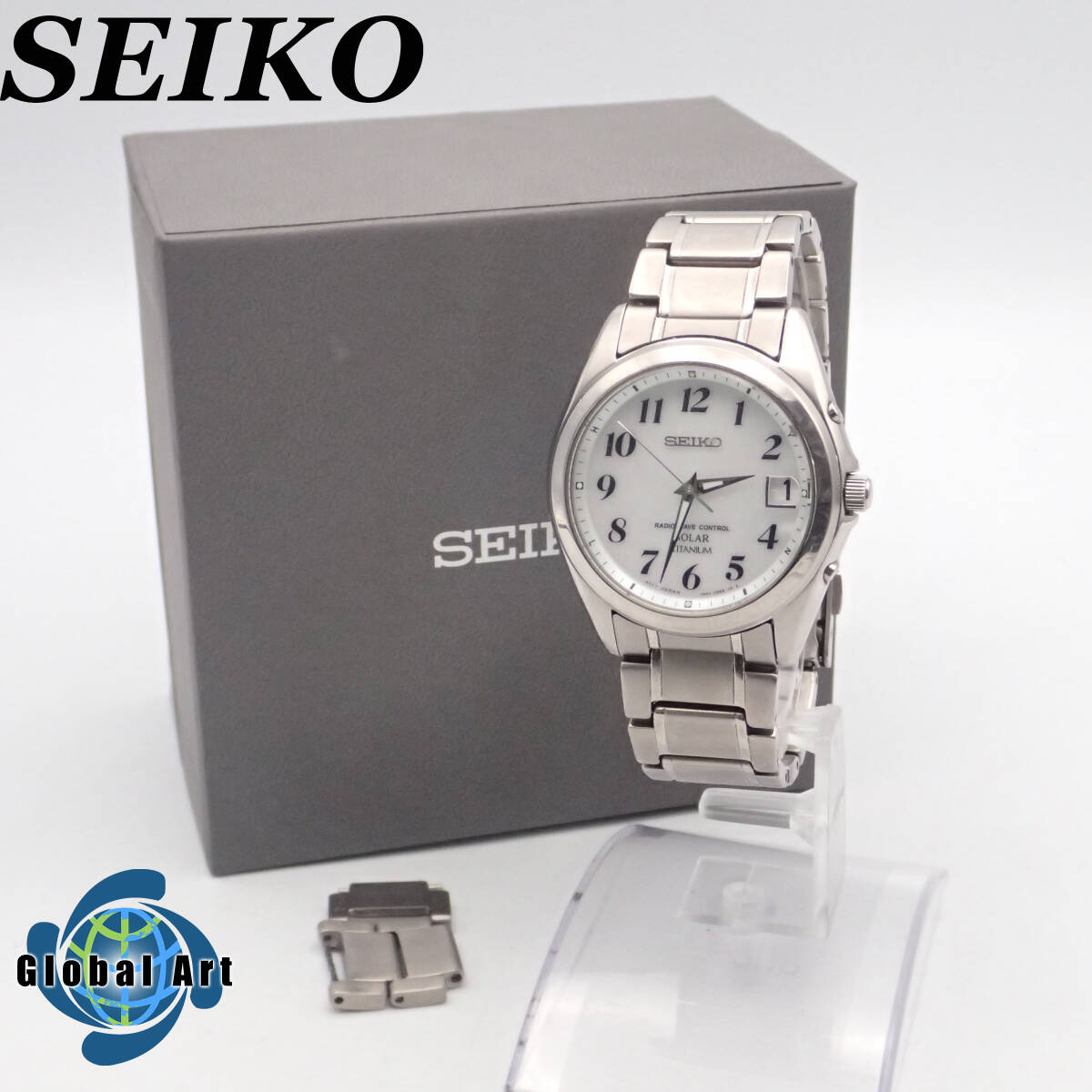え04161/SEIKO セイコー/電波ソーラー/メンズ腕時計/チタン/数字/文字盤 ホワイト/7B52-0AM0/箱・コマ付の画像1