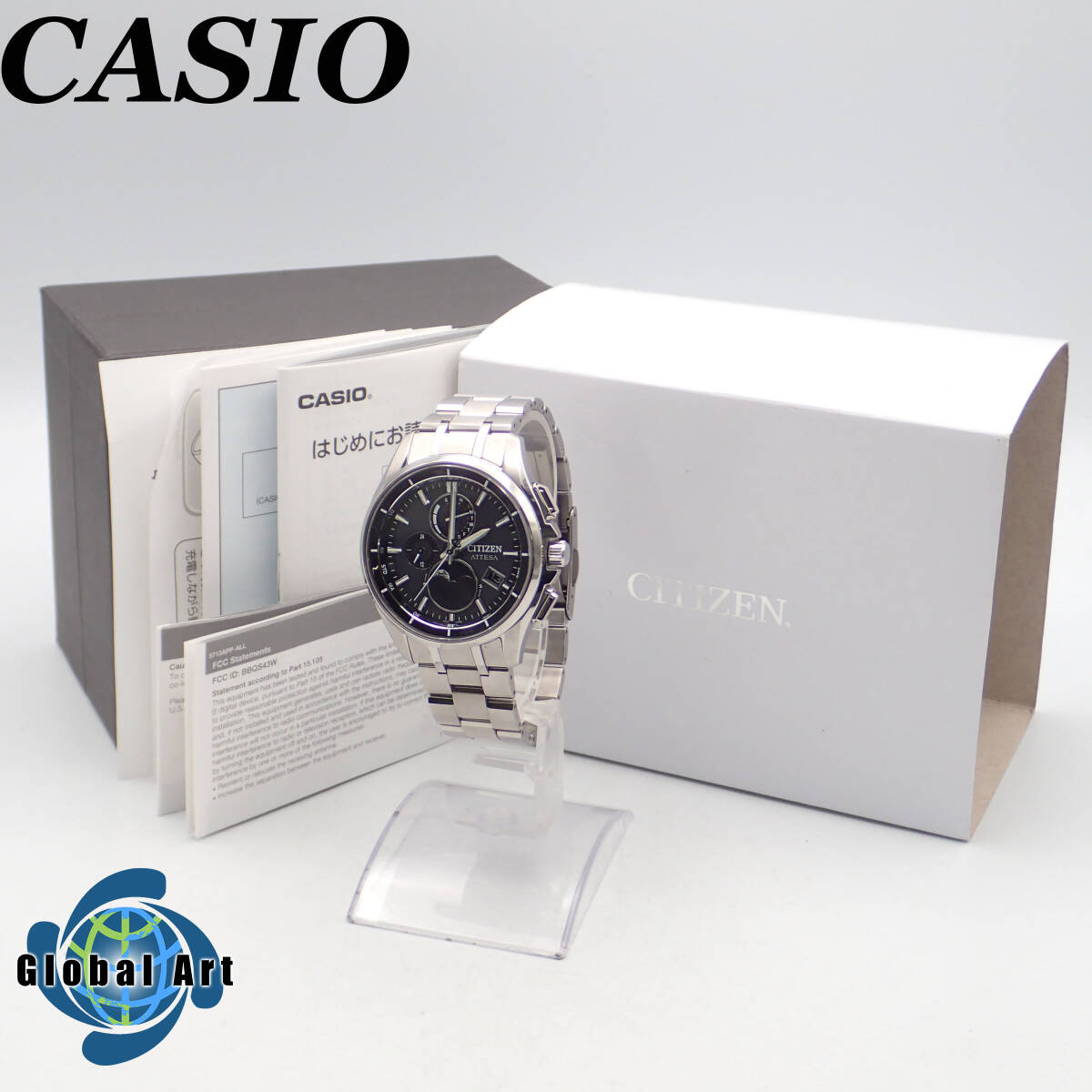 え05022【デッドストック級】CASIO カシオ/アテッサ/電波ソーラー/メンズ腕時計/チタン/サファイア/H874-005HK01/箱・付属品付_画像1