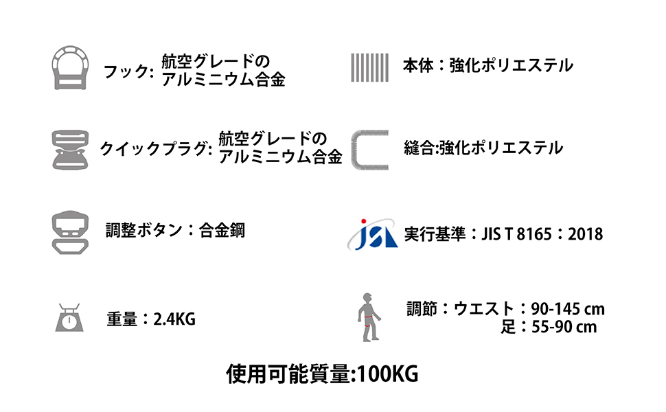 【新規格適合】フルハーネス安全帯 2丁掛け 墜落制止用器具 ワンタッチ式バックル＆ 簡単に着脱可能 伸縮式 ダブルランヤード付き グレー_画像9