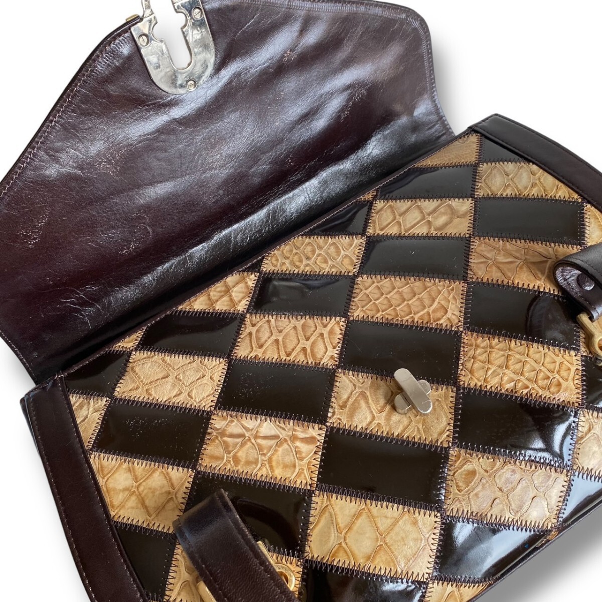 rare *sen The nkou. mountain . exotic * original leather patchwork handbag bag Gold metal fittings shoulder .. Brown *