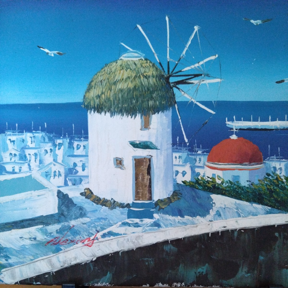 絵画 油絵 白い家 海 地中海 ギリシャ サントリーニ島 美術品 油彩画 風景画 作者/詳細不明 サインあり サイズ:21×26㎝位 インテリア _画像3