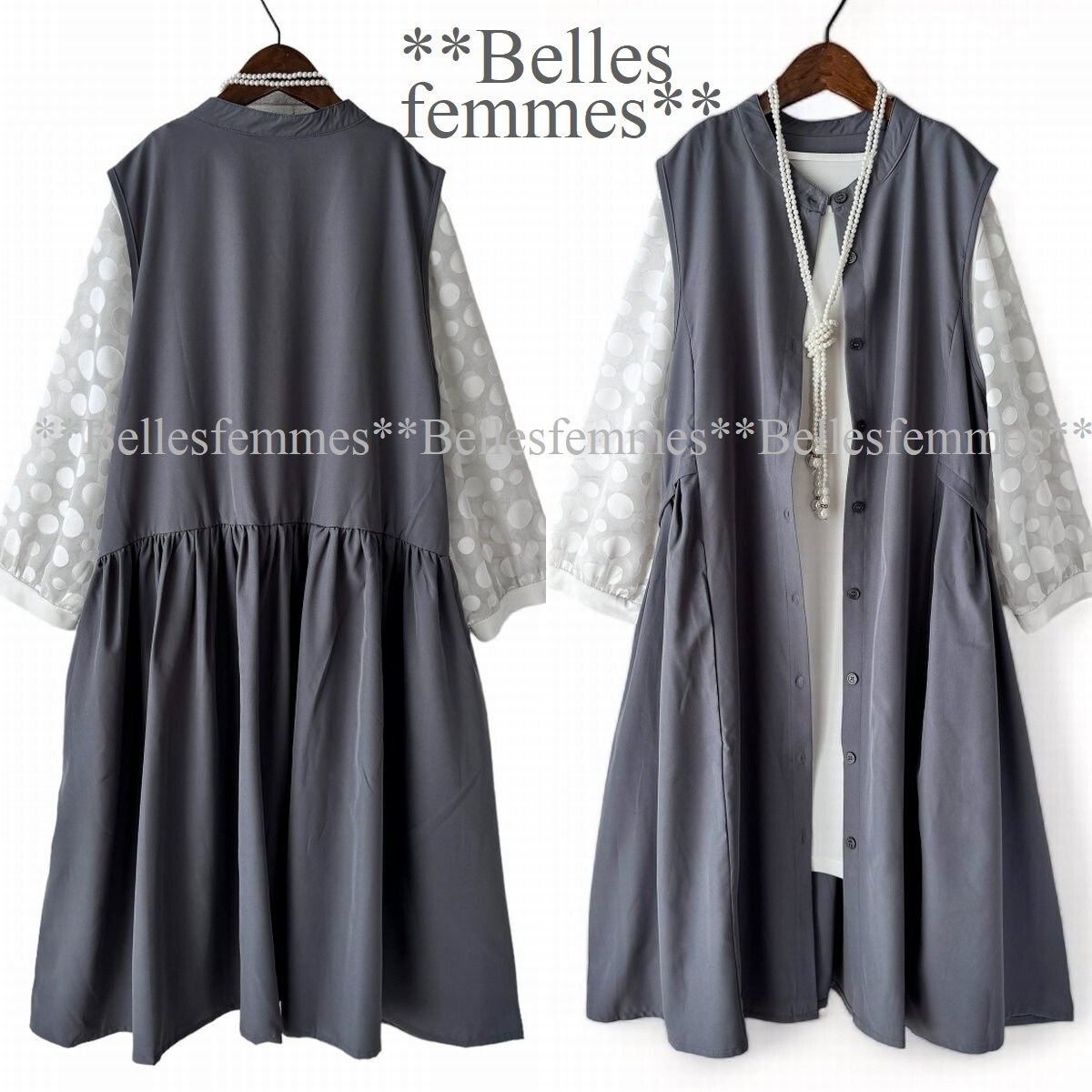 *Belles** new goods M~L* postage 185 jpy * enough gya The -* front button long the best * Jean ska . One-piece also * easy * pocket attaching *595 gray 