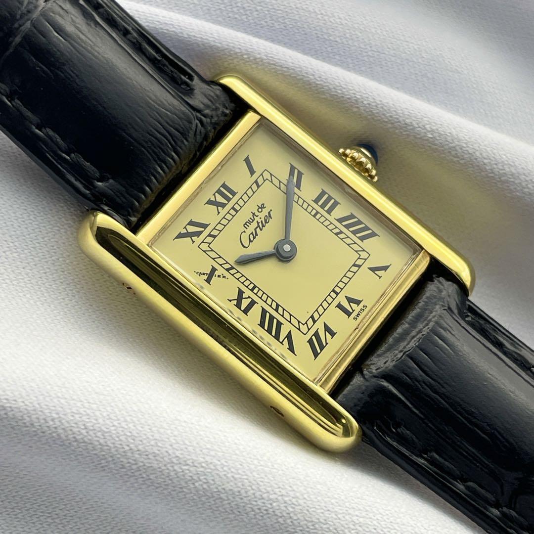 T678 分解整備・磨き済 Cartier カルティエ ヴェルメイユ マストタンクSM アイボリー文字盤×黒ストラップ 手巻 機械式 腕時計 箱付の画像1