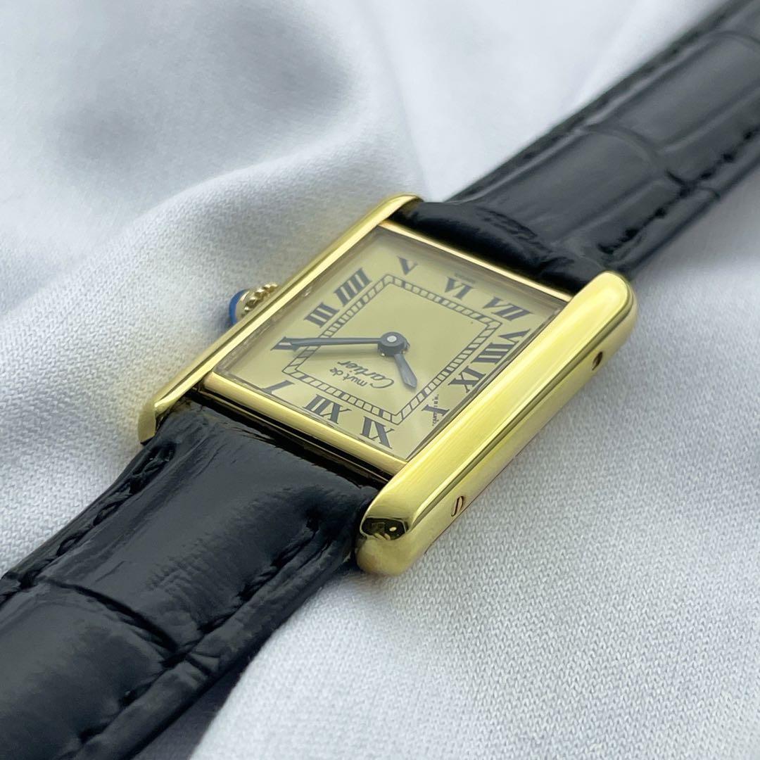 T678 分解整備・磨き済 Cartier カルティエ ヴェルメイユ マストタンクSM アイボリー文字盤×黒ストラップ 手巻 機械式 腕時計 箱付の画像4