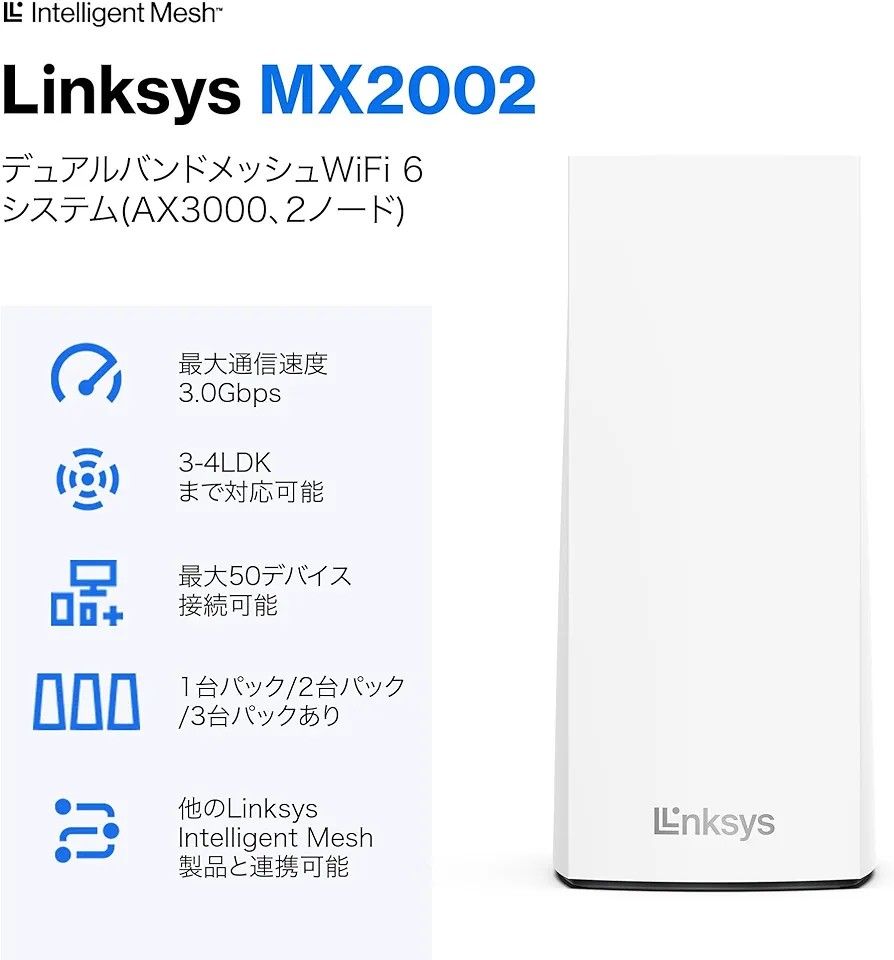 Linksys AX3000 Wi-Fi 6 メッシュシステム MX2002-JP 11ax (574 + 2402 Mbps) 