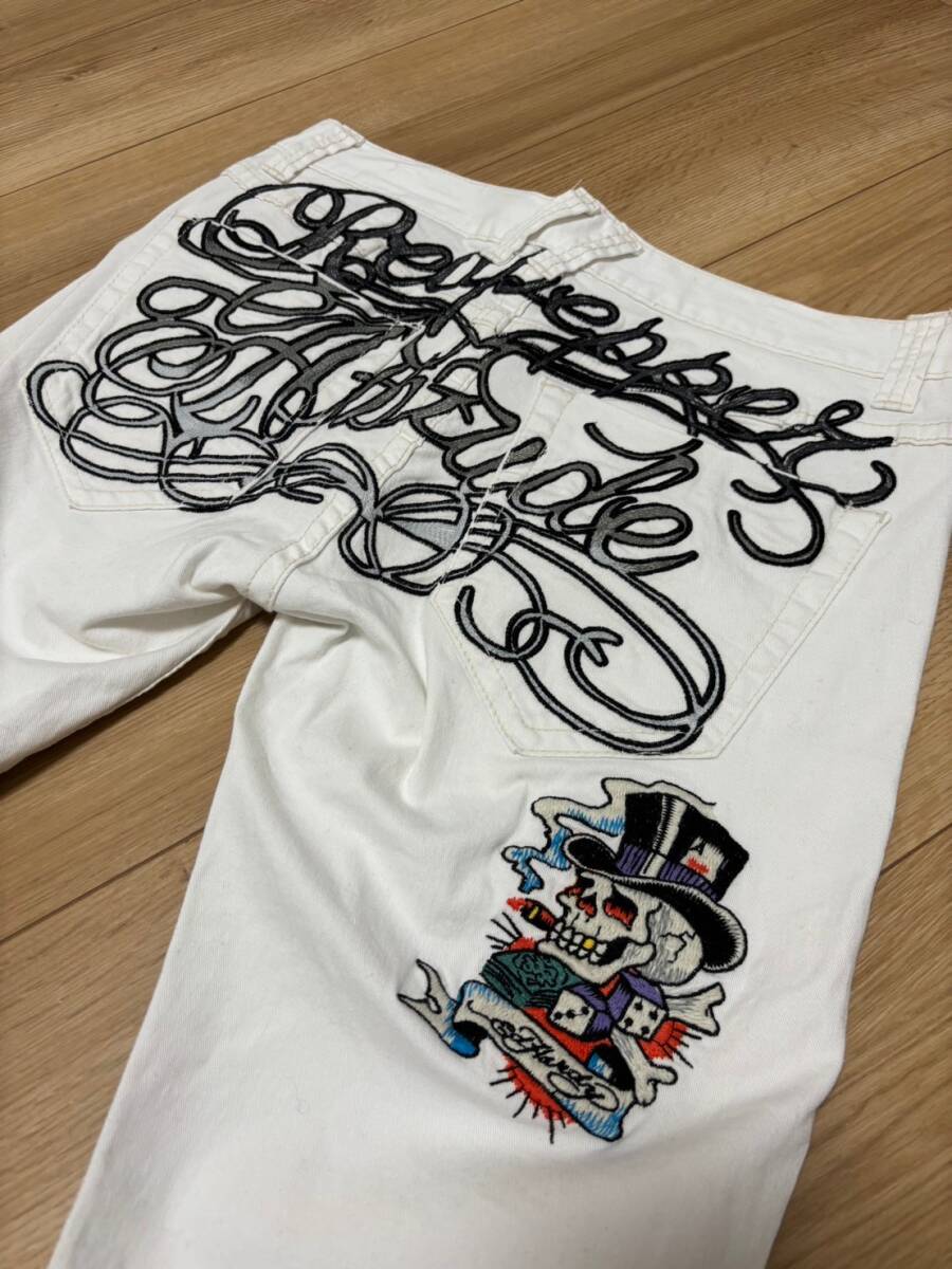 [RED PEPPER×Ed Hardy] Skull embroidery stretch white Denim pants 30 red pepper Ed Hardy -