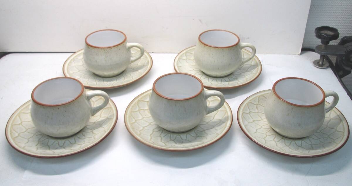 レトロ 陶器 コーヒーカップ＆ソーサー 5客 網目模様の画像1
