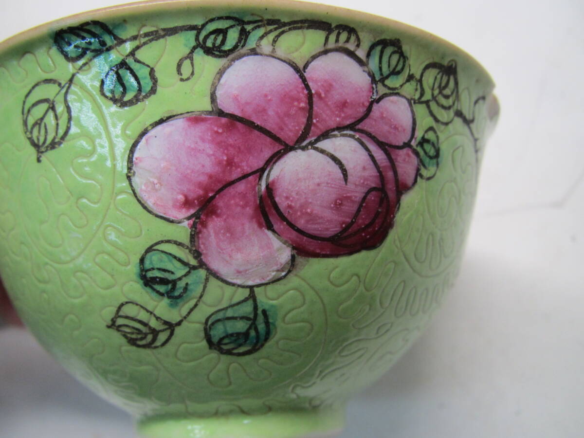レトロ 中国骨董 陶器 色絵 茶碗 時代物 3点まとめて_画像4