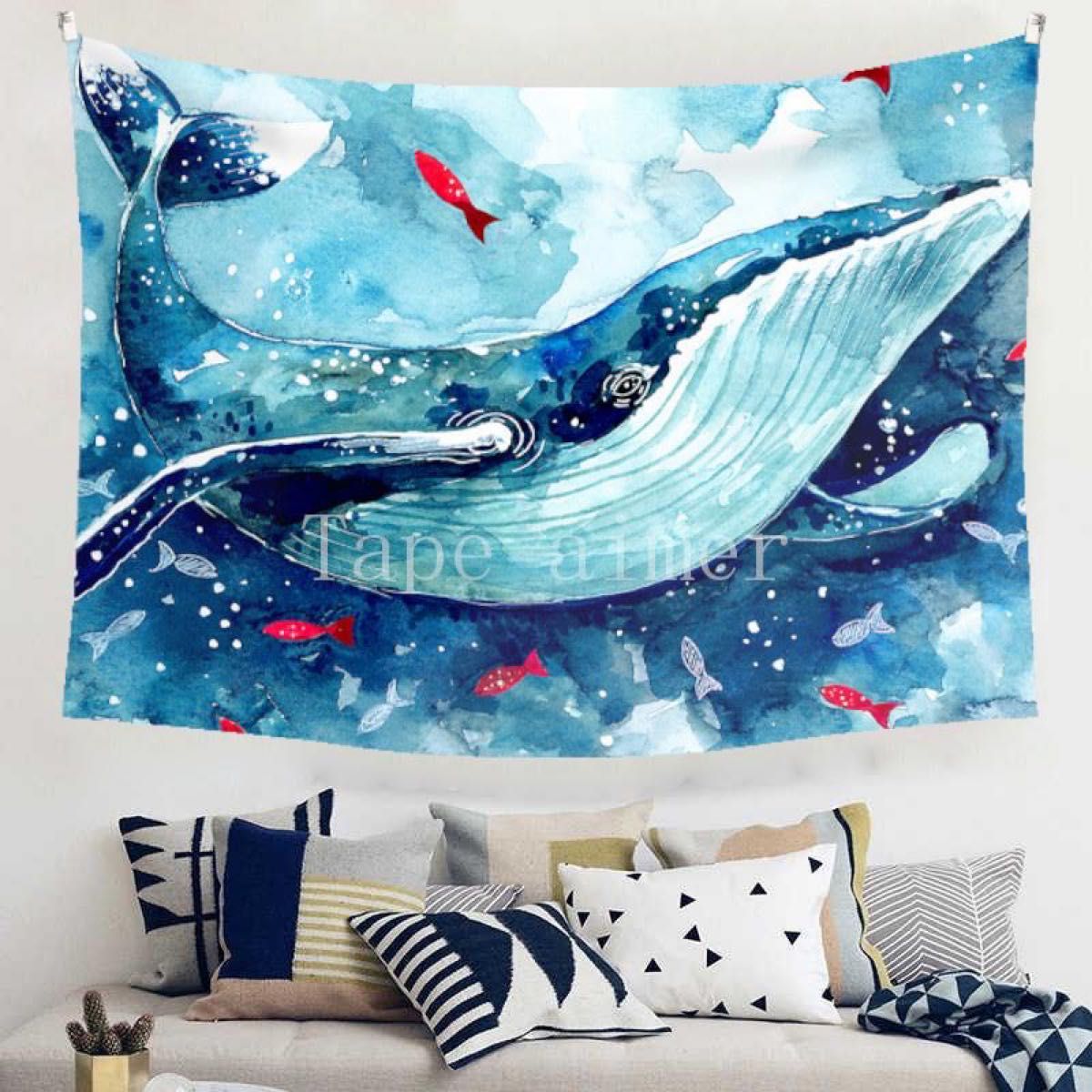 タペストリー クジラ 金具付 イラスト 魚 水彩画 水 模様替 壁掛け F58
