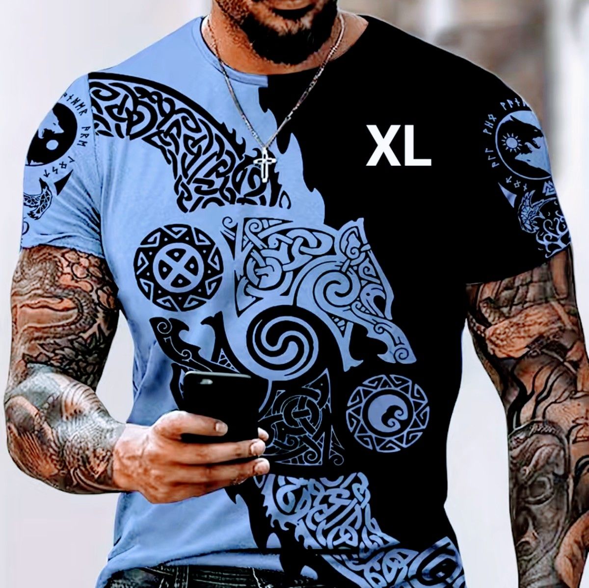【SB】XL相当 新品 陰陽 ウルフ 両面 プリント Tシャツ ストレッチ メンズ