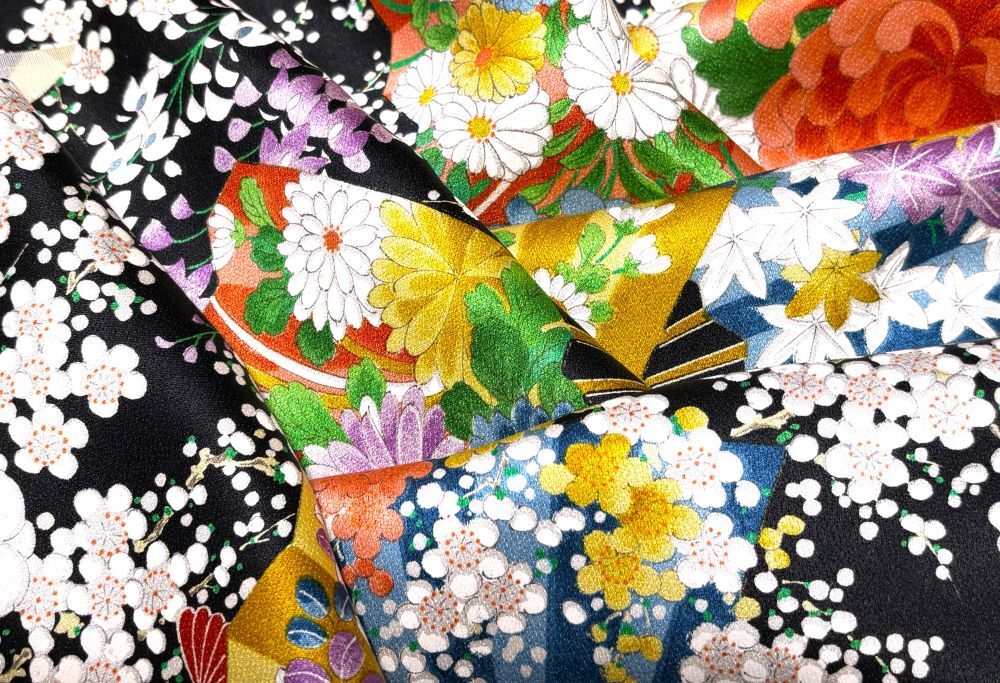 【古布＊縮緬＊和素材】綸子＊花扇に梅枝　藤の花　美品　36ｘ156＊手作り＊市松人形＊パッチワーク＊縮緬細工＊雛節句＊昭和レトロ_画像5