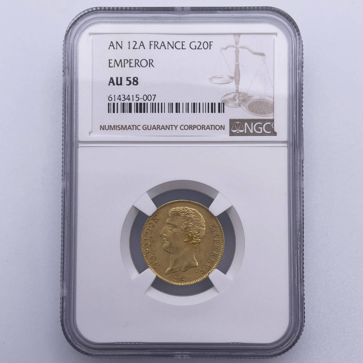 ★英雄ナポレオン1世★ 1803-1804 AU58 AN12 20フラン フランス パリ 皇帝 金貨 世界コイン NGC PCGS 投資 アンティークコイン 無冠_画像3