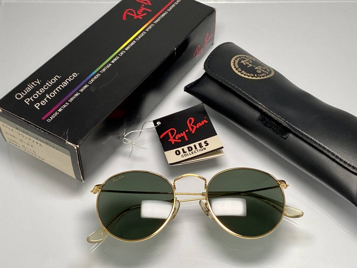 デッドストック品★B&L RAY-BANボシュロムレイバン RoundMetalラウンドメタル GOLD/G-15 ゴールド VINTAGE USA製サングラス 箱ケース付の画像1