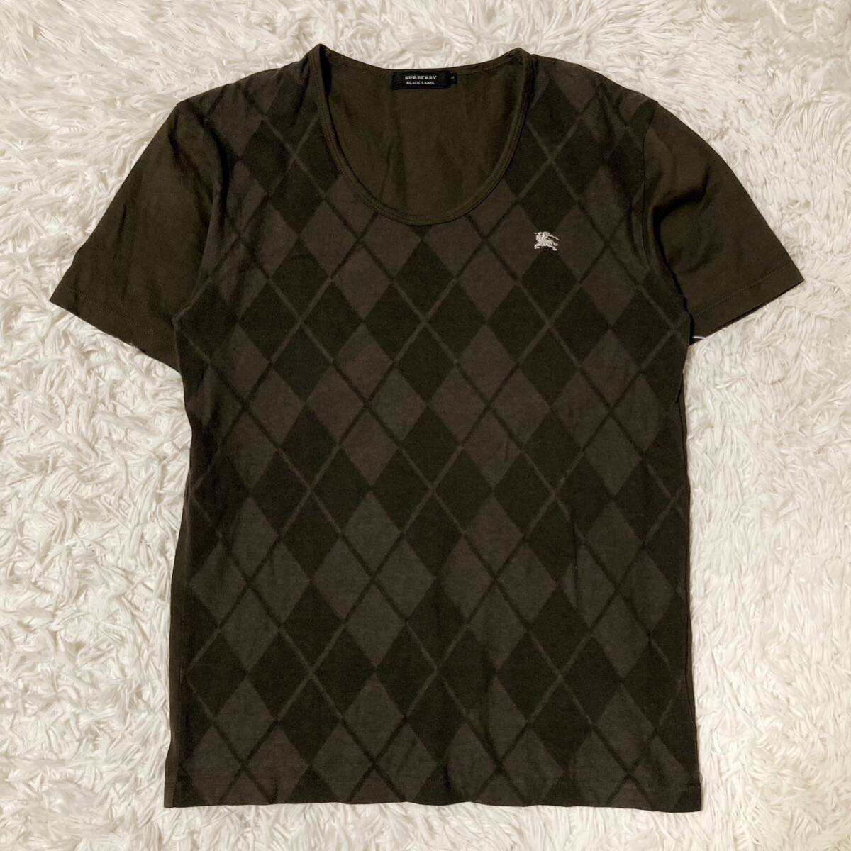 BURBERRY BLACK LABEL バーバリーブラックレーベル 半袖Tシャツ ホースロゴ ワンポイント刺繍 アーガイル柄 チェック柄 茶色 サイズ2_画像1