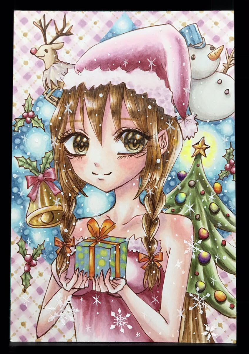 きらきらクリスマス女の子　コピックカラー　ハガキサイズ　手描きイラスト　自作イラスト。_画像4