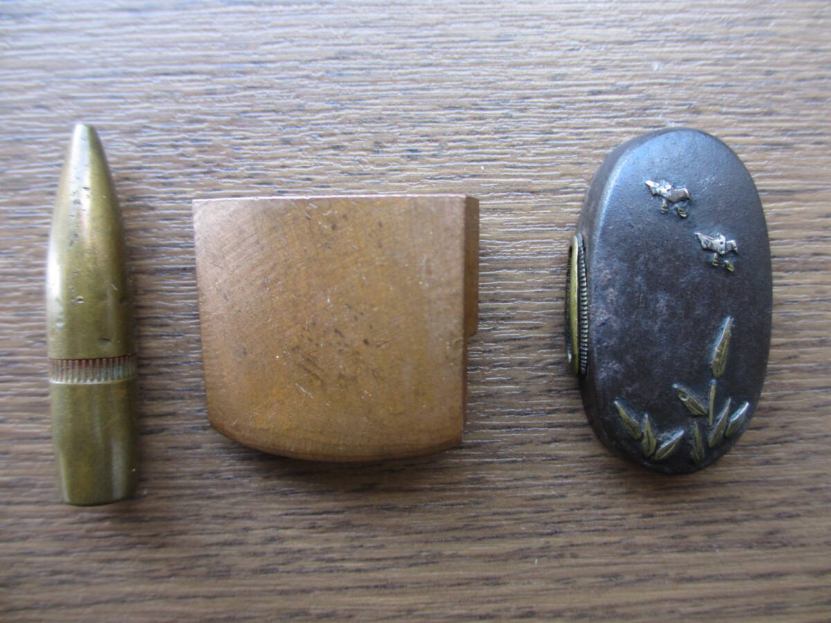 時代 日本刀装具 （銅製 ハバキ） （古鉄製 頭 象嵌あり） おまけ1点付き_画像1