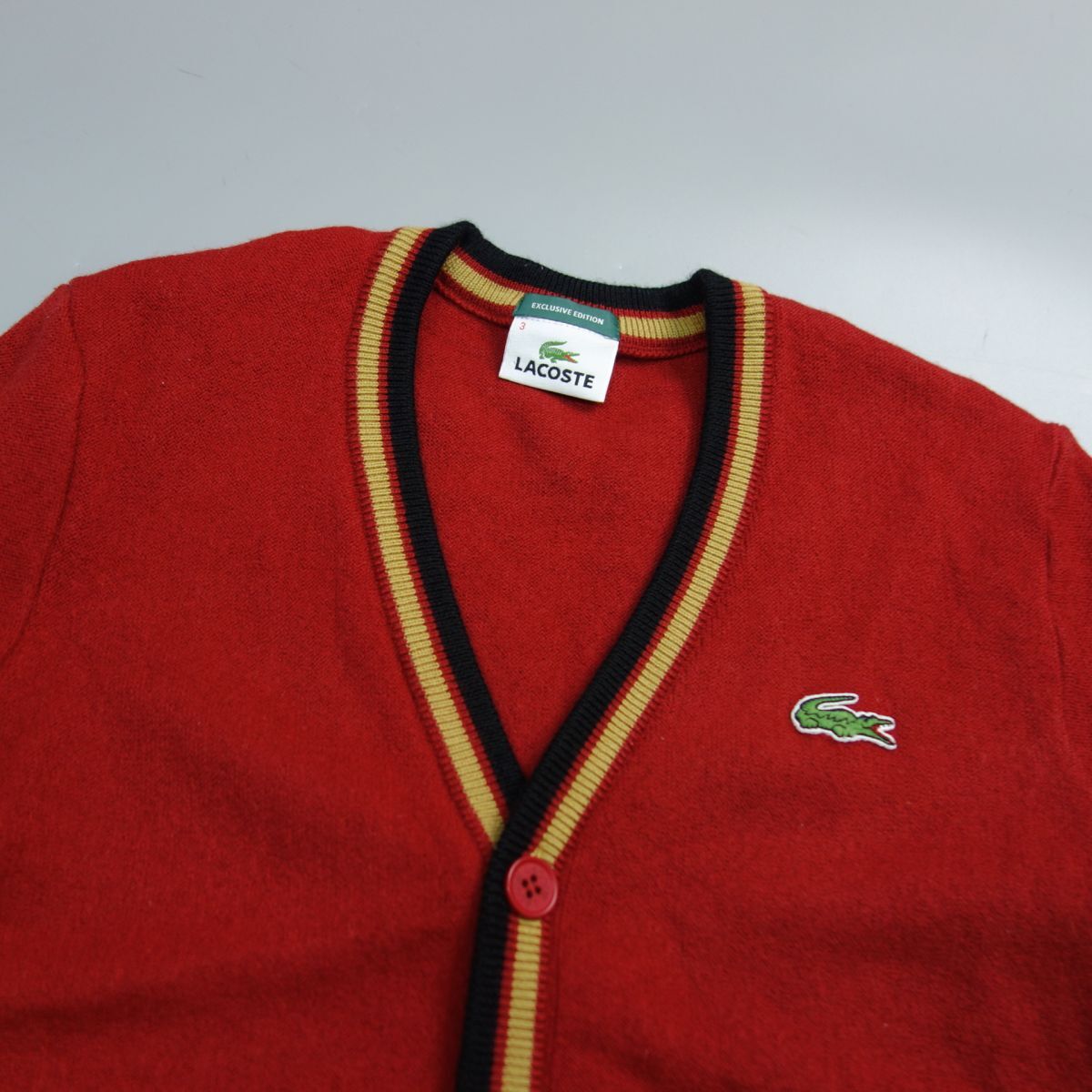 美品 ラコステ LACOSTE ロゴパッチ ウール ニット カーディガン 赤系 レディース 3の画像2