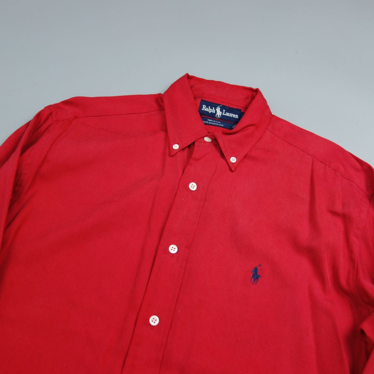 USA製 Ralph Lauren ラルフローレン 90s シルク100％ 長袖シャツ 赤 メンズ S ヴィンテージ BD ポニー刺繍_画像2